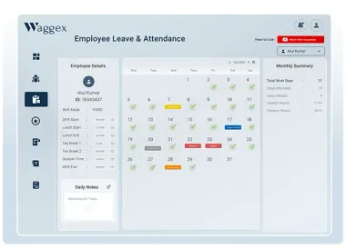 Waggex employee attendance management software dashboard showing GPS check-ins shift tracking overtime and payroll-ready data for Indian businesses