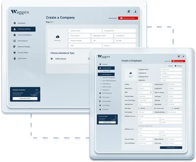 Company setup and employee onboarding interface in Waggex payroll web application