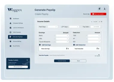 Waggex payroll management system dashboard showing salary processing, PF ESI TDS compliance and payslip generation India