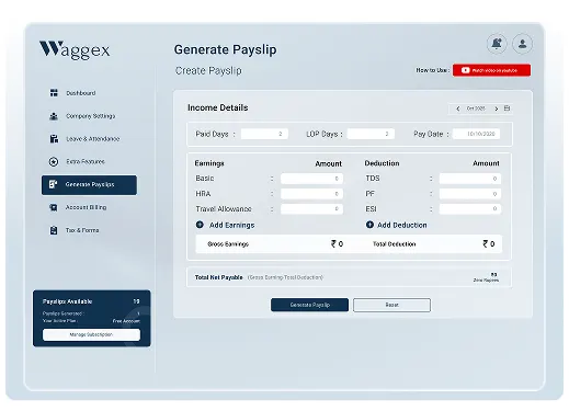 Waggex payroll management system dashboard showing salary processing, PF ESI TDS compliance and payslip generation India