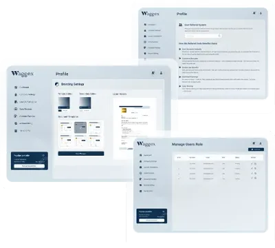 Waggex profile settings for complete company control showing branding, manage user, referral system and document template options