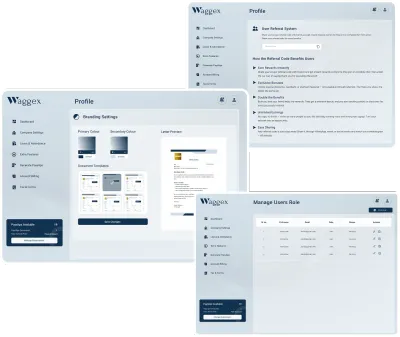 Waggex profile settings for complete company control showing branding, manage user, referral system and document template options