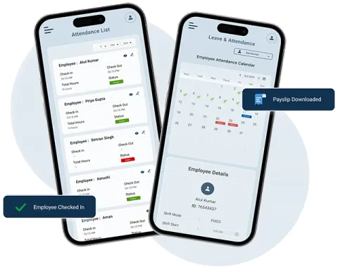 Waggex staff attendance app on Android showing GPS check-in, leave management and payslip access for Indian employees