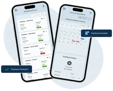 Waggex staff attendance app on Android showing GPS check-in, leave management and payslip access for Indian employees